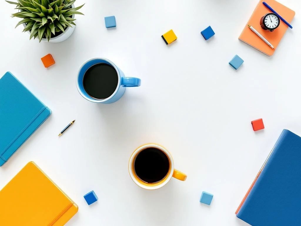 Bovenaanzicht van kleurrijke koffiekopjes en notitieboekjes in blauw, oranje en geel op witte ondergrond voor teamplanning