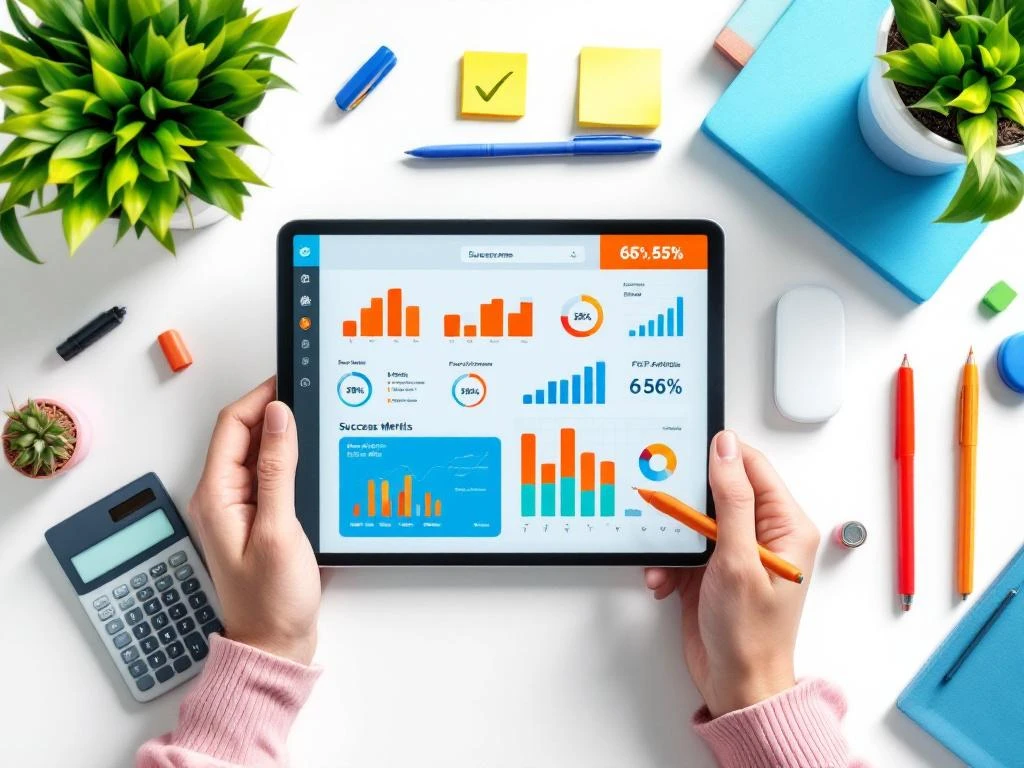 Tablet met kleurrijk dashboard met grafieken en KPI's op wit bureau met calculator, pennen en notitieblok