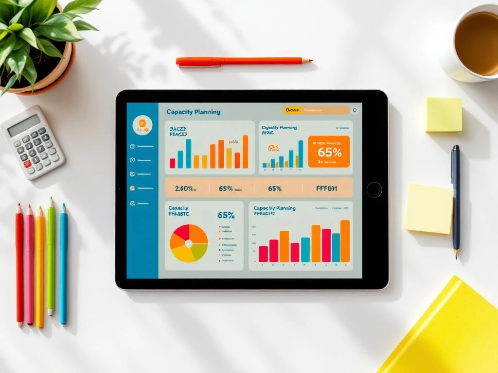 Tablet met kleurrijke dashboard en KPI-grafieken op wit bureau met pennen, rekenmachine en gele notities
