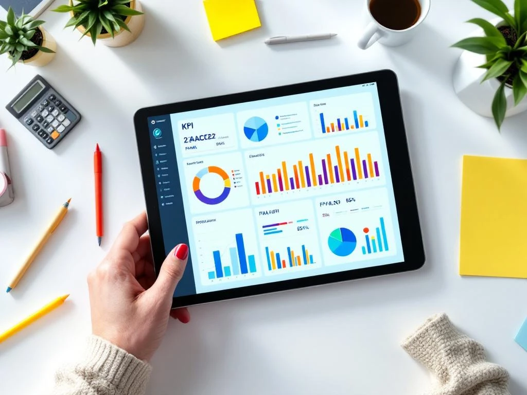Tablet met kleurrijke KPI-dashboard op wit bureau omringd door pennen, rekenmachine en gele notitieblokjes
