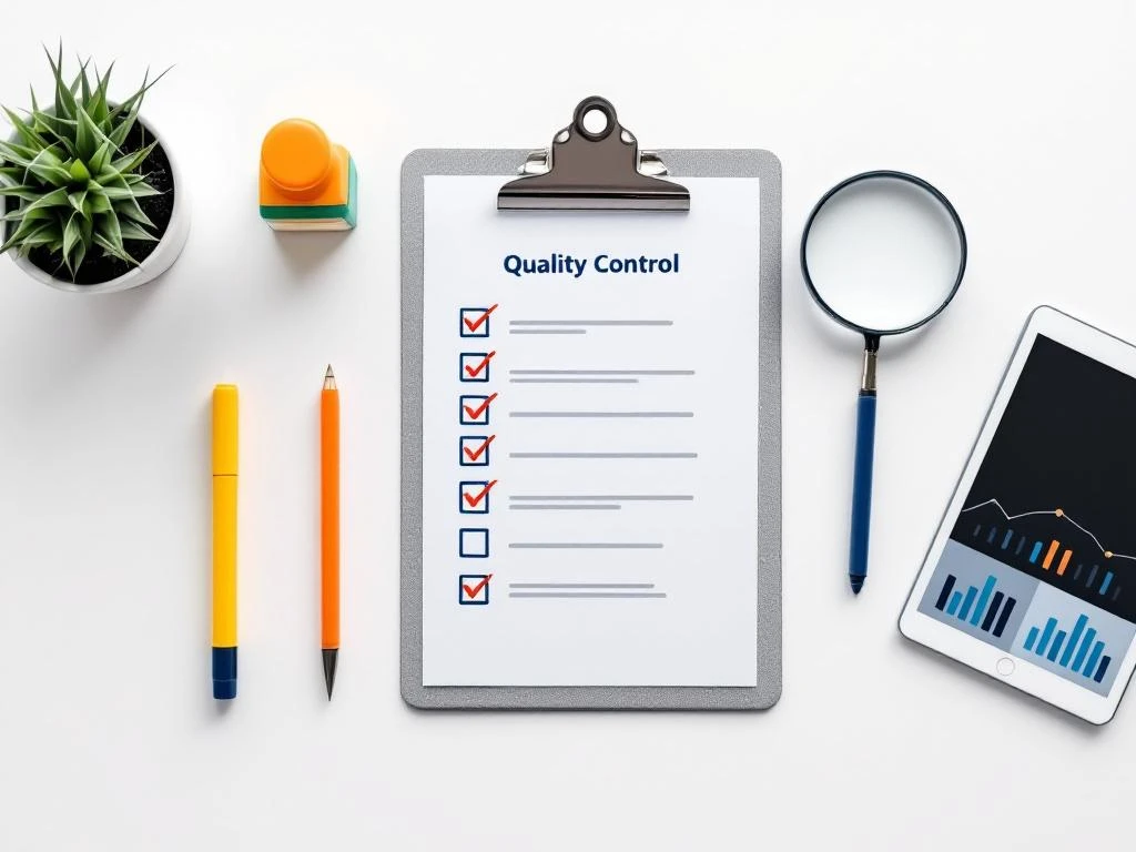 Kwaliteitscontrole werkplek met klembord, checklist, goedkeuringsstempel, vergrootglas en tablet met metrics


Let me reconsider to ensure it's under 125 characters and properly formatted:

Kwaliteitscontrole werkplek met klembord, checklist, stempel, vergrootglas en tablet met kwaliteitsmetrics