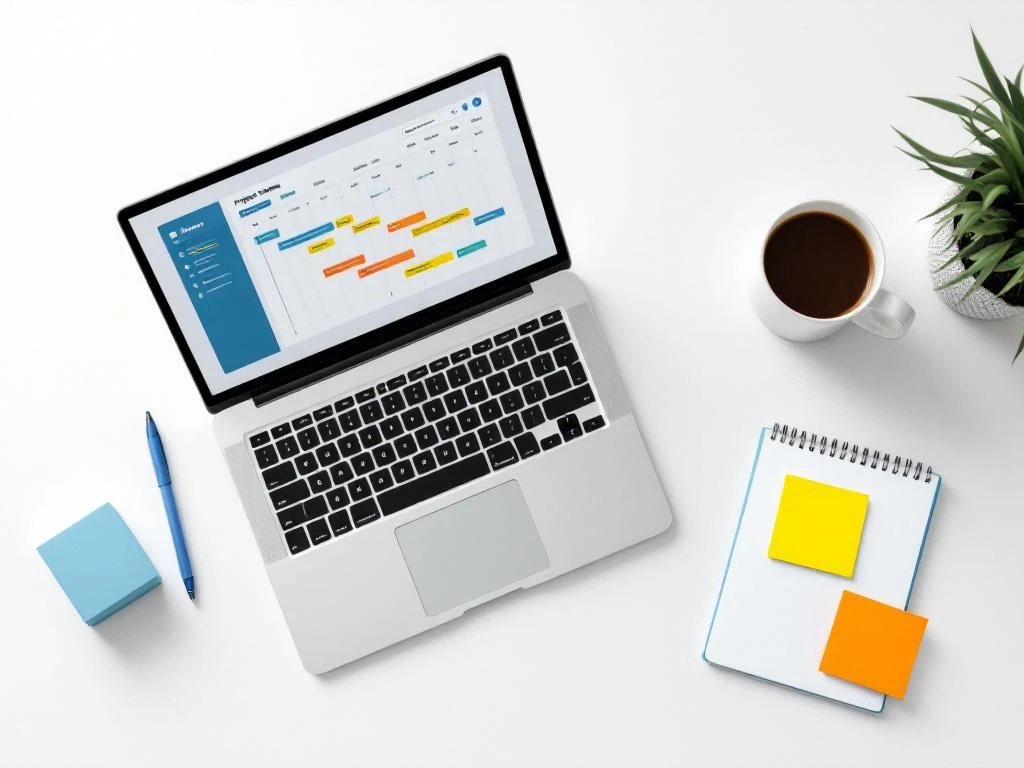 Bovenaanzicht van minimalistische werkplek met laptop, kleurrijke post-its en projecttijdlijn op wit bureau