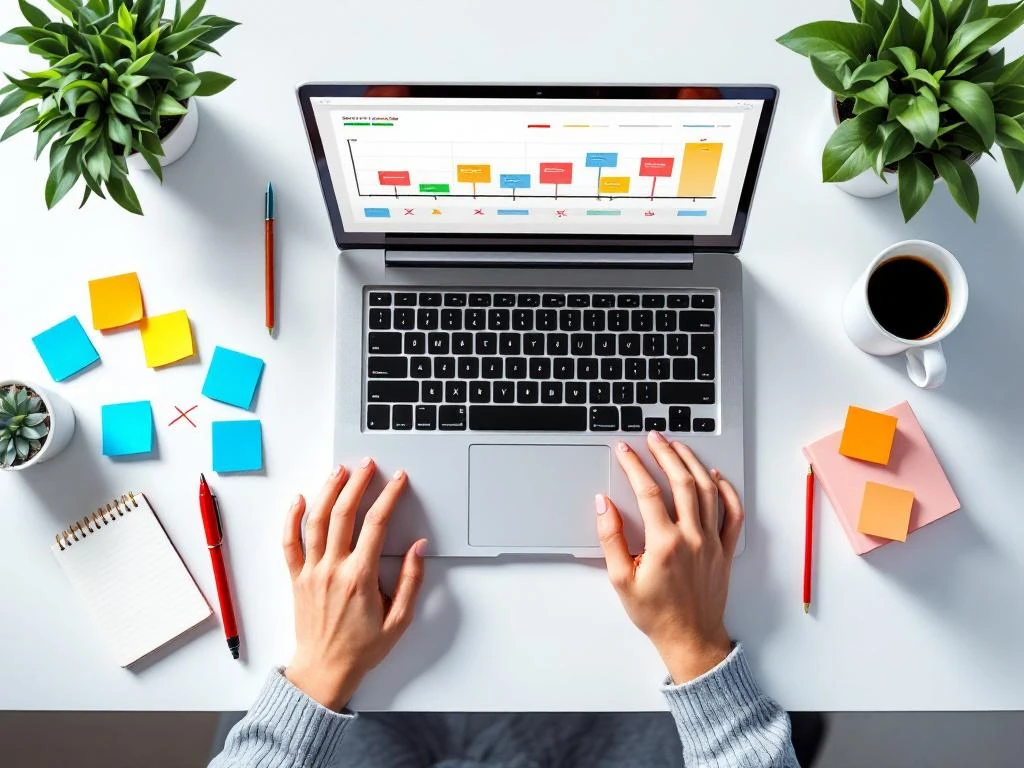 Laptop met kleurrijke projecttijdlijn en waarschuwingen op wit bureau omringd door gekleurde post-it notities en koffiekop