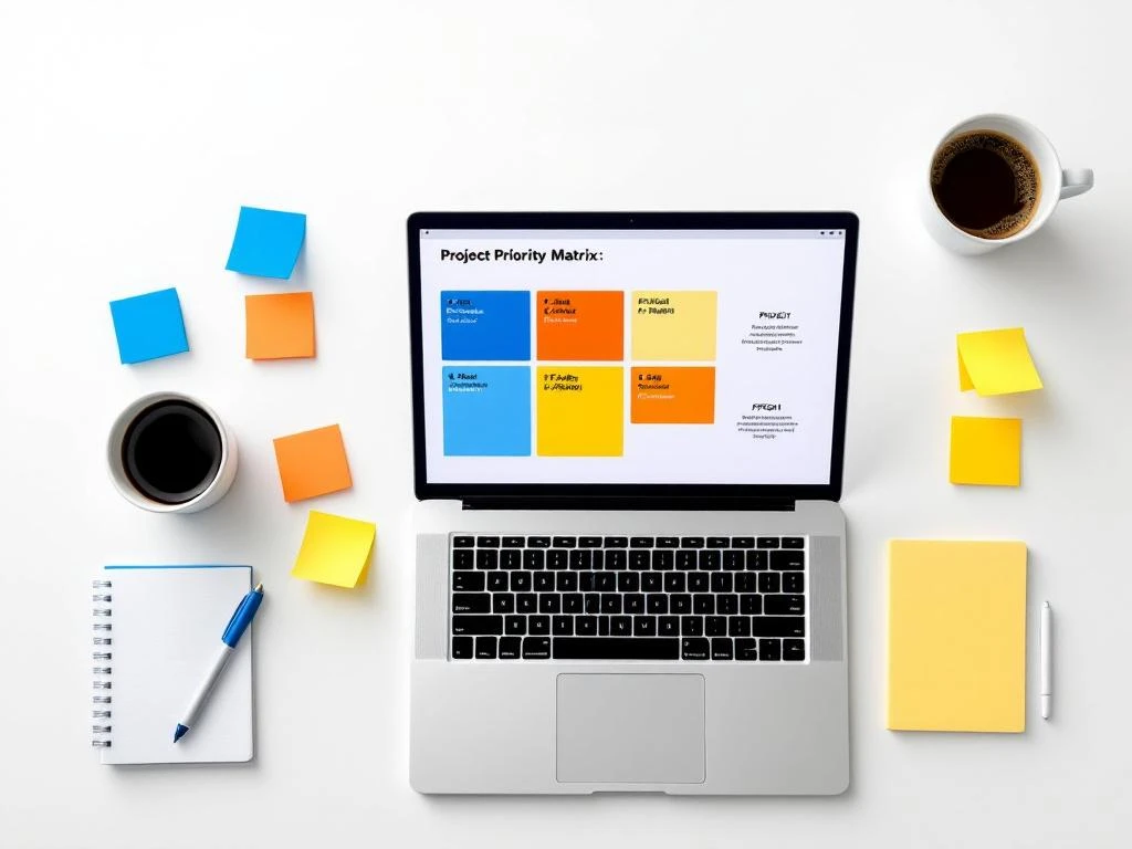 Laptop met kleurrijke projectprioriteitsmatrix op wit bureau, omringd door gekleurde post-it notities, notitieblok en koffiekop