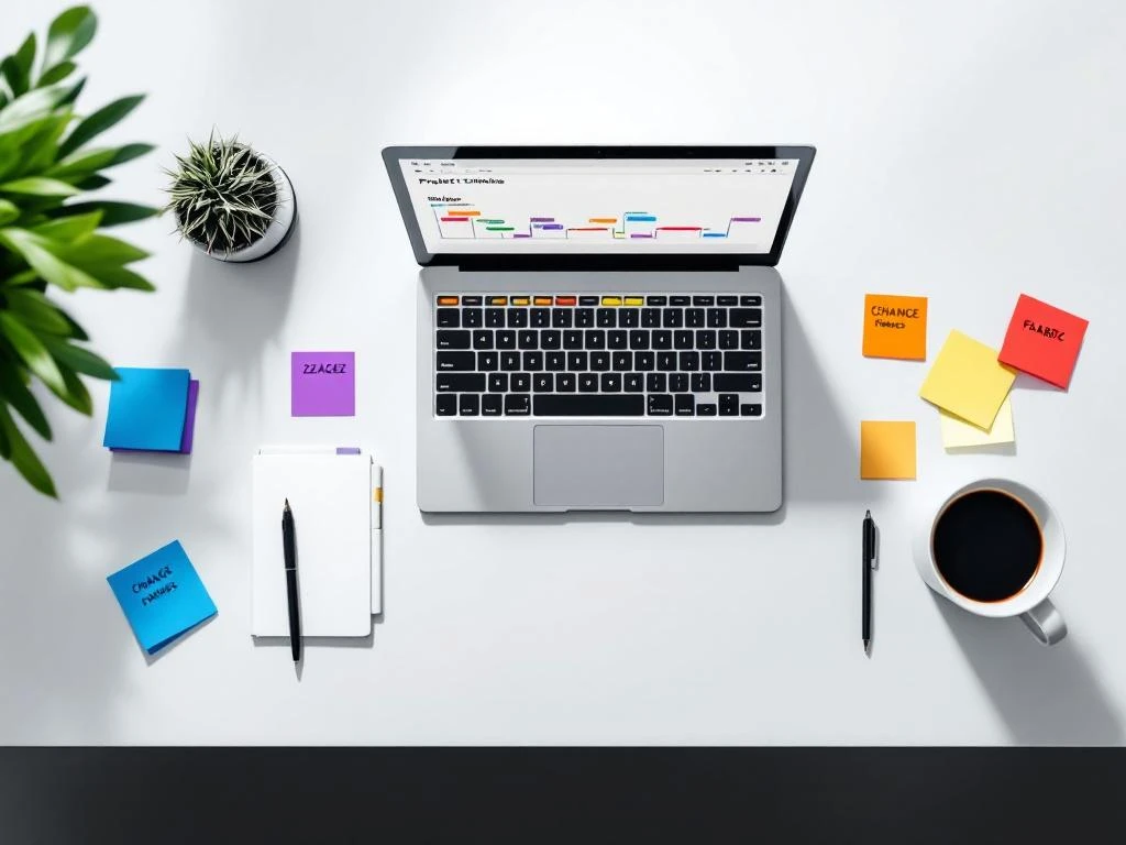 Laptop met kleurrijke projecttijdlijn en oranje en blauwe post-its op wit bureau, bovenaanzicht werkplek