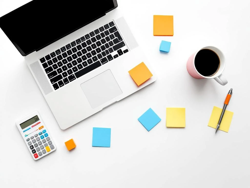 Laptop met kleurrijke projecttijdlijn en budgetwaarschuwingen op wit bureau met gekleurde post-its, rekenmachine en koffie