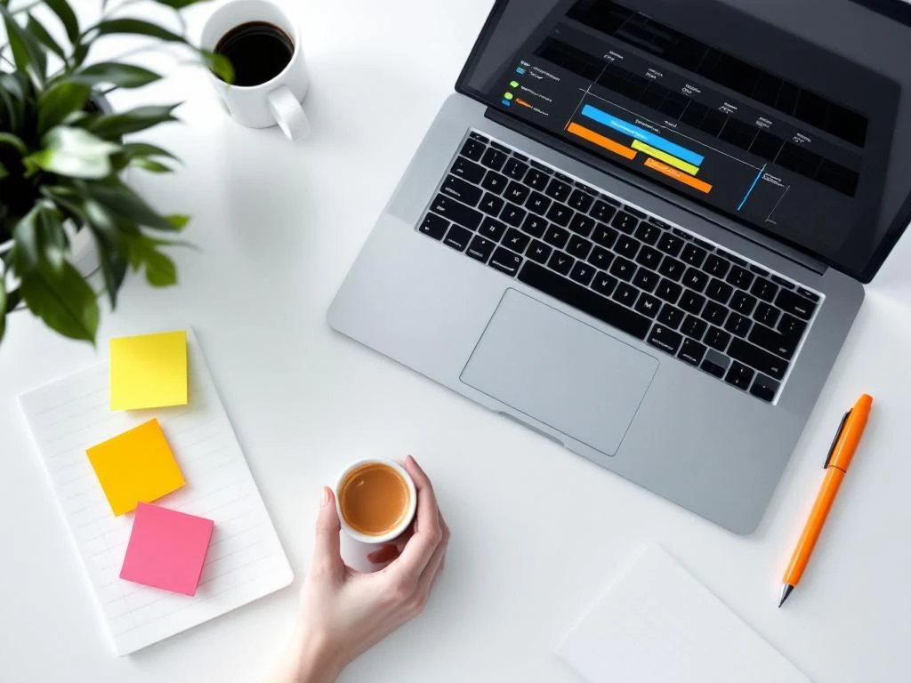 Bovenaanzicht van minimalistische werkplek met laptop met projecttijdlijn, gekleurde post-its en pen op wit bureau.