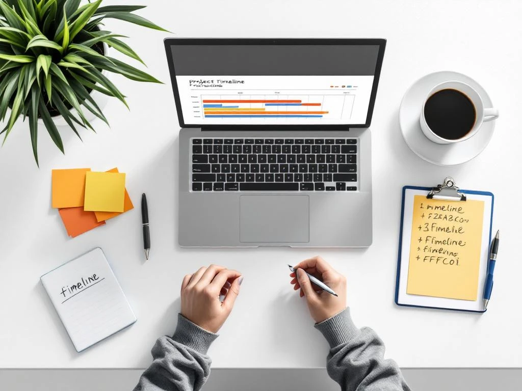 Bovenaanzicht van minimalistische werkplek met laptop, gekleurde post-its, notitieboek en koffie op wit bureau