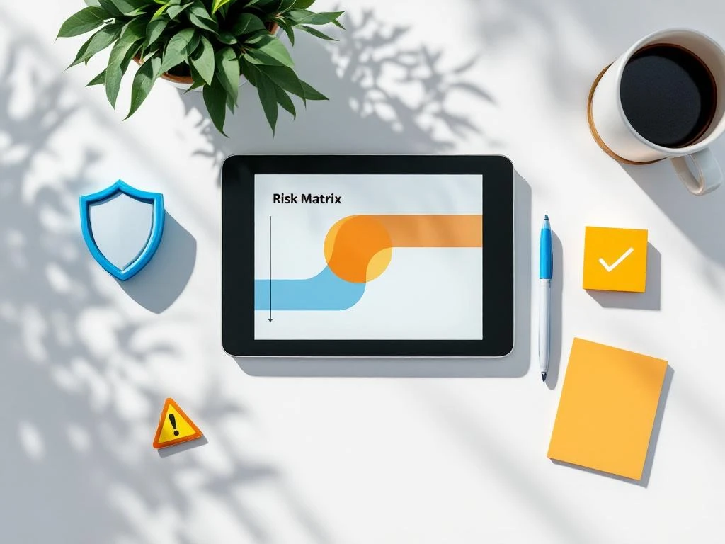Tablet met risicobeheersingsmatrix omringd door veiligheidssymbolen en kantoorbenodigdheden op wit bureau
