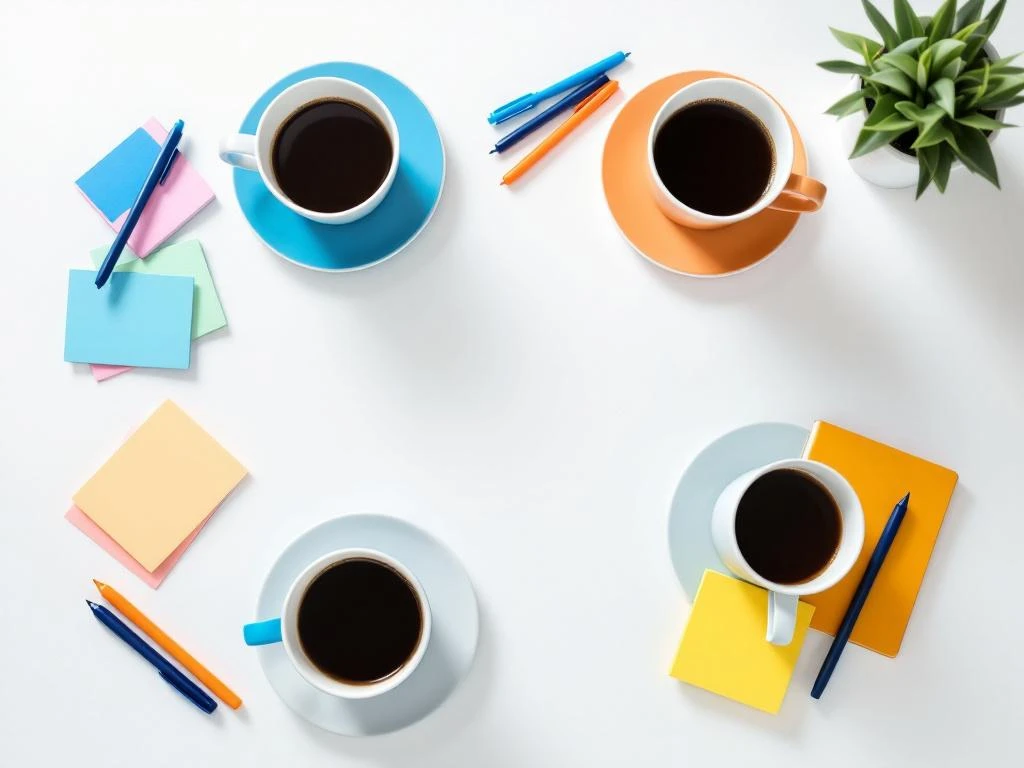 Koffiekopjes en notitieboekjes in merkkleuren verspreid over wit oppervlak, illustreren teamcapaciteit uitdagingen.