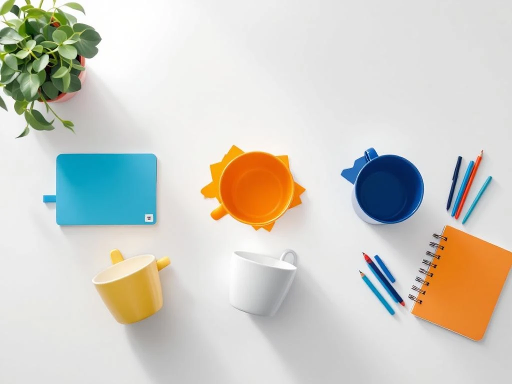 Vijf kleurrijke koffiekopjes in blauw, oranje en geel gerangschikt op wit oppervlak met notitieblokjes en pennen voor teamcapaciteit planning