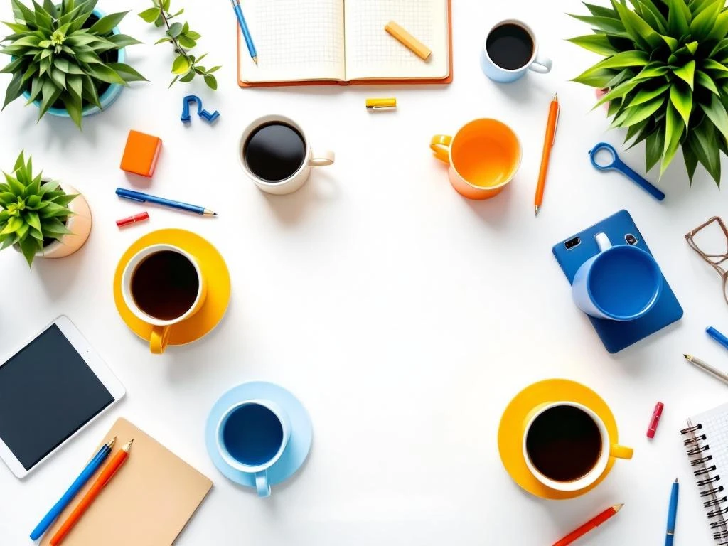 Koffiekopjes en kantoorbenodigdheden in blauw, oranje en geel gerangschikt op wit oppervlak voor teamcapaciteitsplanning