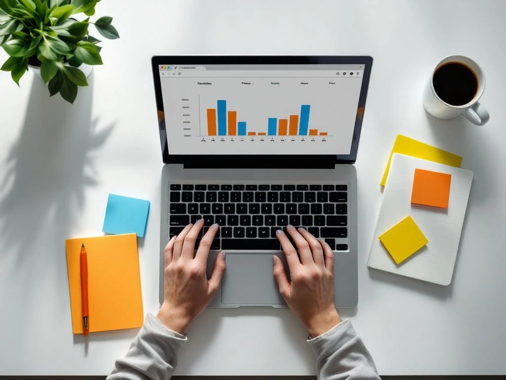 Minimalistische werkplek van bovenaf met laptop, kleurrijke post-its, notitieblok en koffie op wit bureau