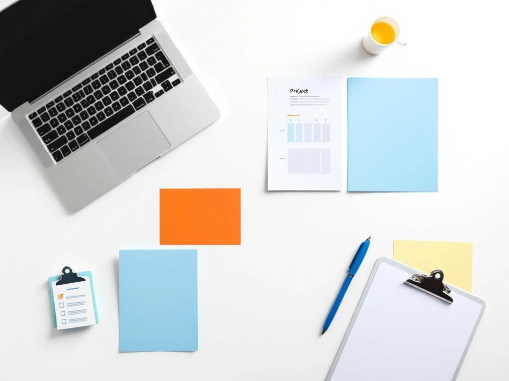 Bovenaanzicht van minimalistische werkplek met laptop, kleurrijke documenten en pen op wit bureau
