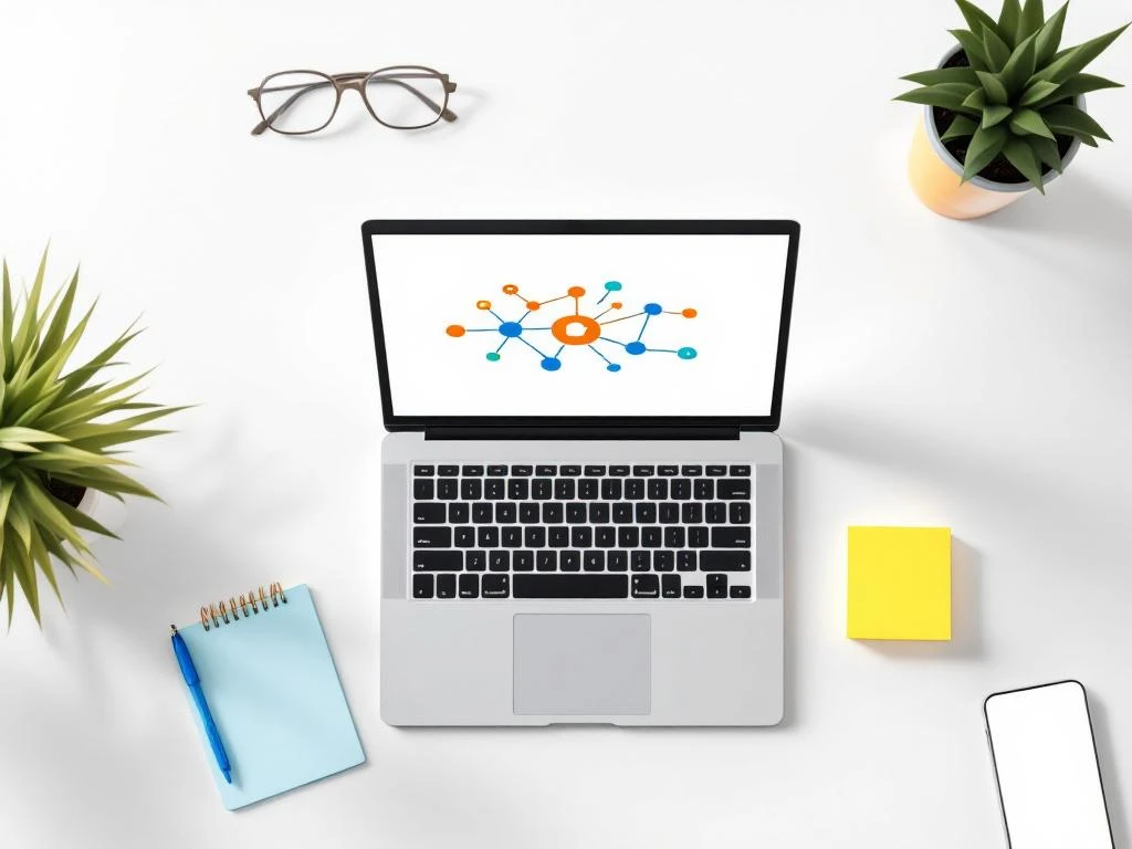 Laptop met kleurrijk netwerkdiagram omringd door kantoorbenodigdheden op wit oppervlak, bovenaanzicht