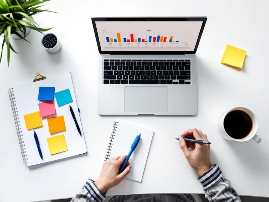 Bovenaanzicht van minimalistische werkplek met laptop, projecttijdlijn, gekleurde post-its en koffie op wit bureau