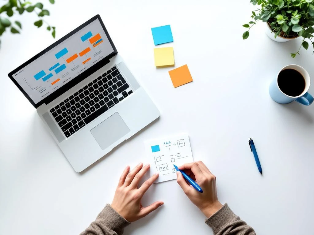 Laptop met kleurrijke projecttijdlijn op witte bureau met gekleurde post-its, notitieblok en koffiekop van bovenaf