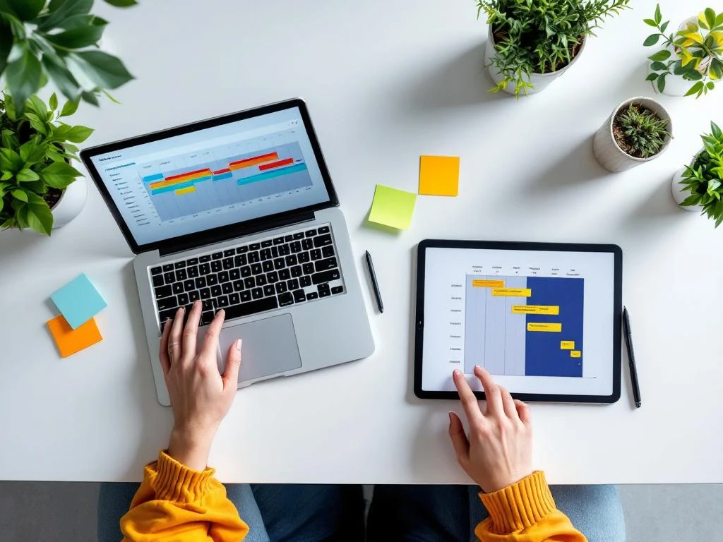 Werkruimte met laptop en tablet die projecttijdlijnen tonen, omringd door notities en een pen op wit bureau