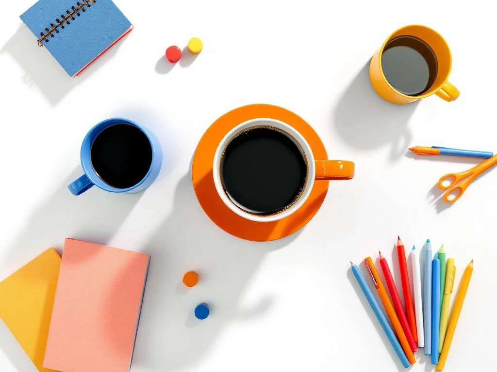 Vijf koffiekopjes in blauw, oranje en geel gerangschikt op wit oppervlak met notitieboekjes en pennen, bovenaanzicht