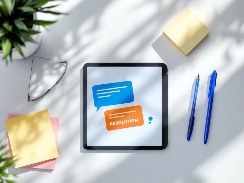Tablet met kleurrijke klantfeedback-interface op wit bureau omringd door gele notitie, blauwe pen en notitieblok