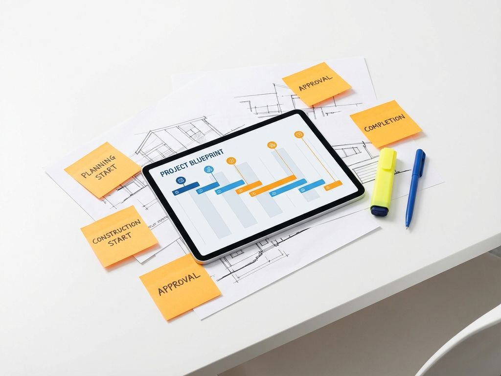 Tablet met kleurrijke bouwplanning op architect bureau met schetsen, notities en pennen in bovenaanzicht
