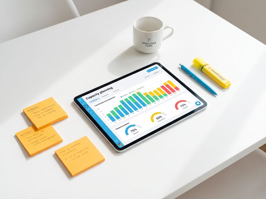 Tablet met kleurrijk capaciteitsplanningsdashboard op witte bureau met blauwe pen, gele markeerstift en koffiekopje