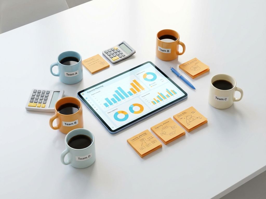 Moderne werkplek met tablet met kleurrijke teamdashboard, omringd door koffiekopjes, rekenmachine en gele notities