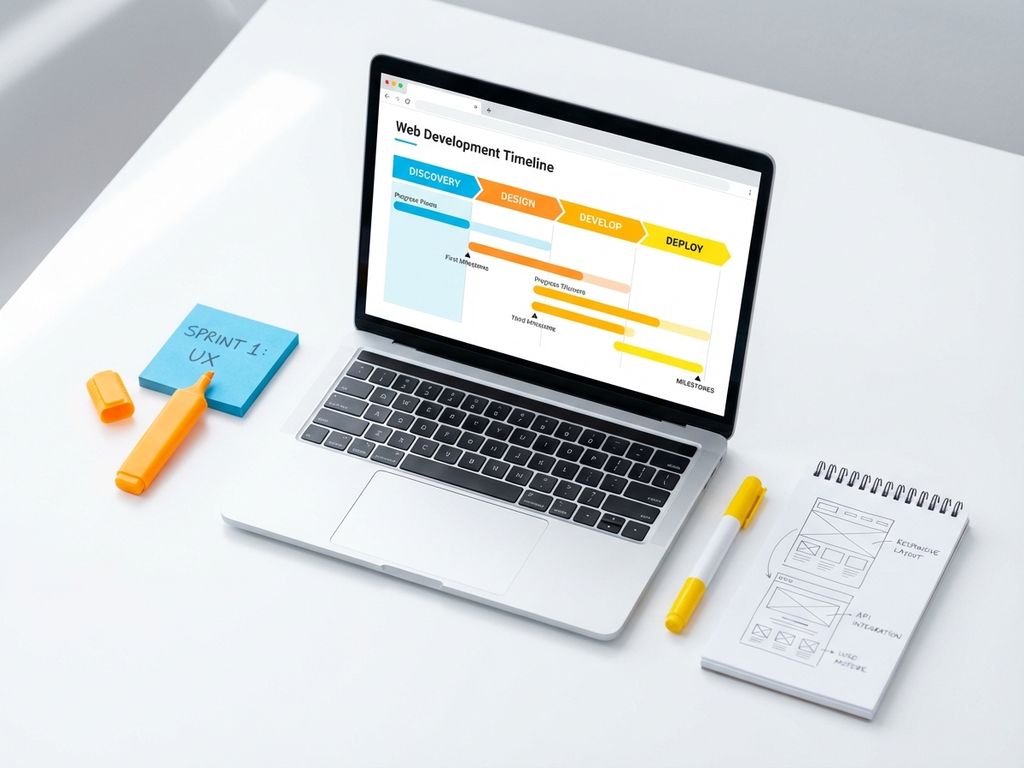 Laptop toont kleurrijke webontwikkeling timeline interface omringd door blauwe notitie, oranje marker en geel notepad
