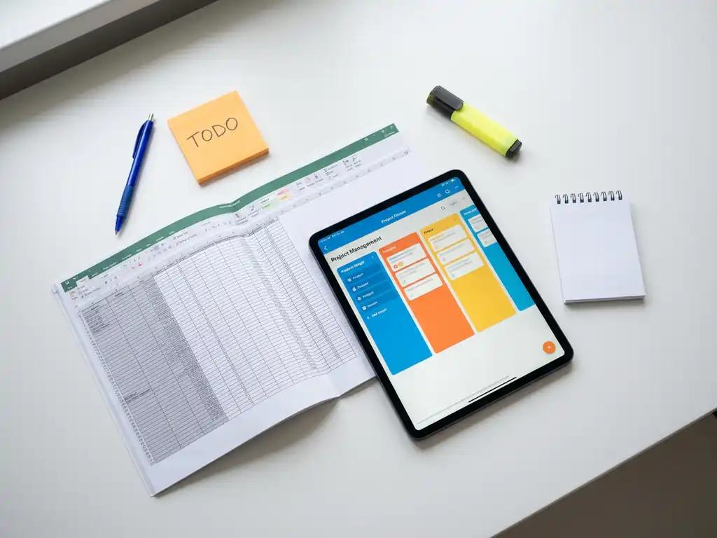 Tablet met projectmanagement-interface op Excel-spreadsheet omringd door pennen en notities op wit bureau