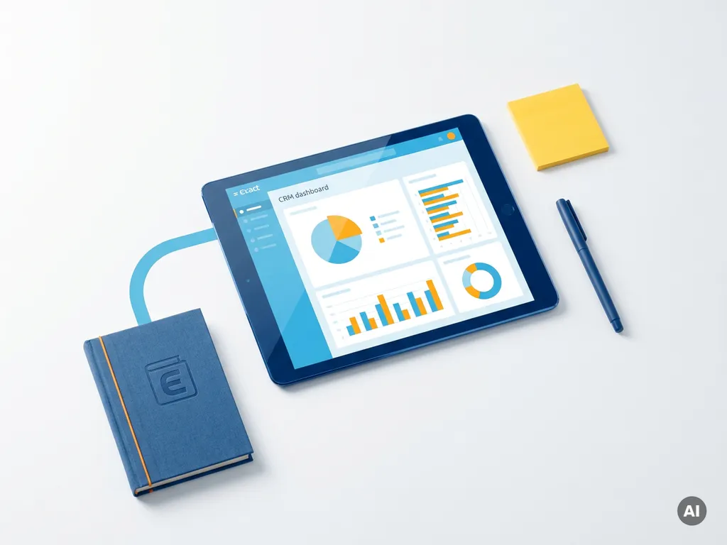 Tablet met kleurrijk CRM-dashboard in blauw en oranje, verbonden met een boekhoudboek, sticky note en pen op wit oppervlak.