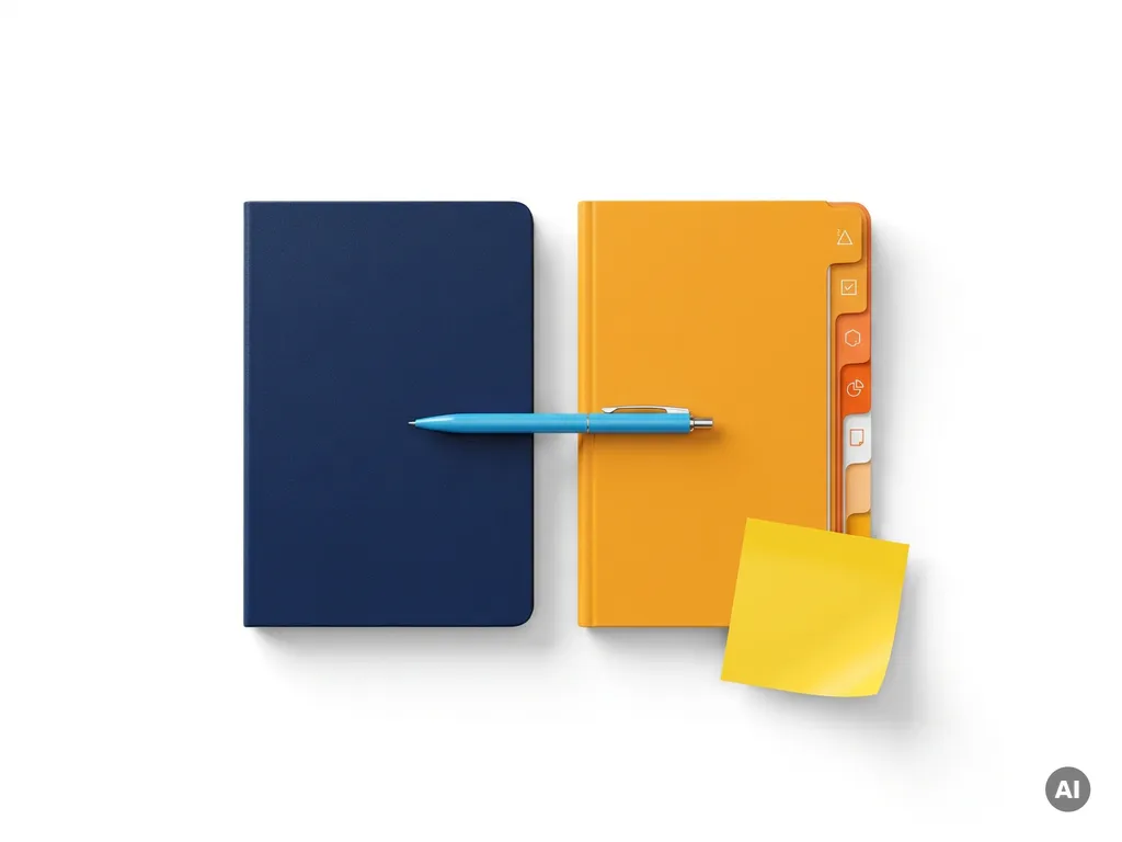 Donkerblauw notitieboek en oranje projectplanner met tabbladen naast elkaar op wit bureau, verbonden door een lichtblauwe pen.