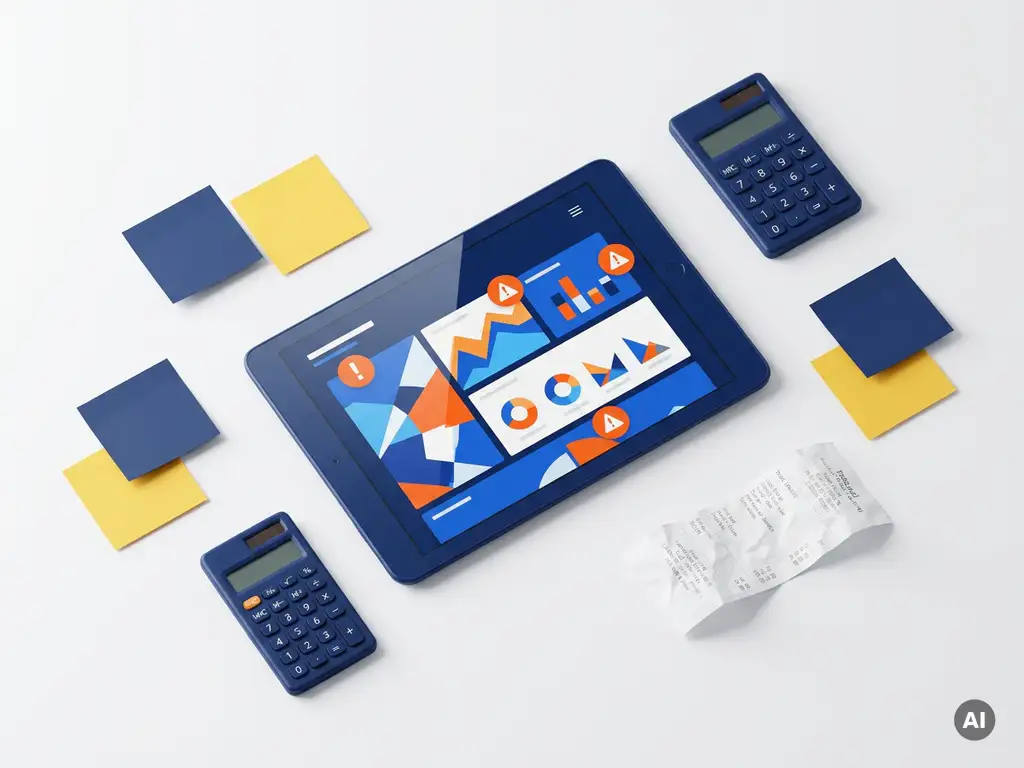 Tablet met kleurrijk dashboard met oranje waarschuwingsindicatoren en gefragmenteerde datacharts, omringd door rekenmachine, sticky notes en een verfrommeld bonnetje.