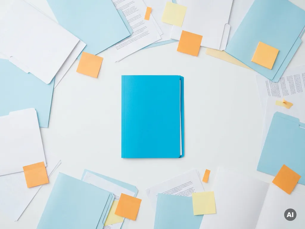 Blauwe map rechtop tussen verspreide clientmappen, sticky notes en losse papieren op een wit bureau.