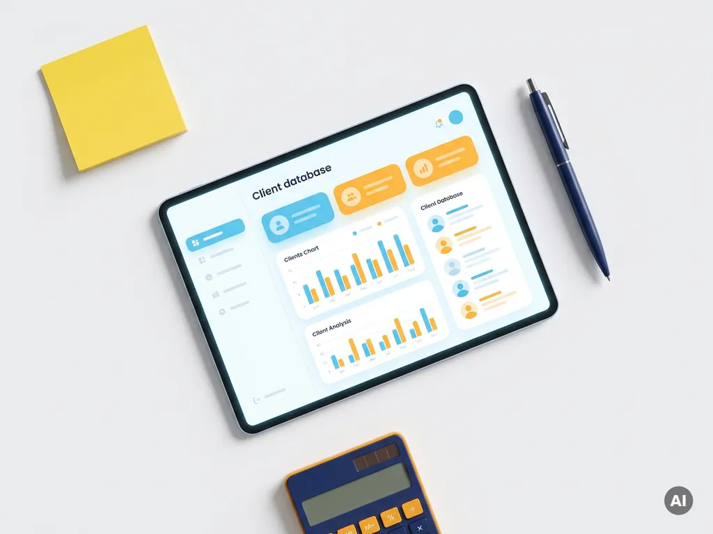 Tablet met kleurrijk klantendatabase-dashboard in lichtblauw en oranje, omringd door gele sticky note, pen en calculator op wit bureau.