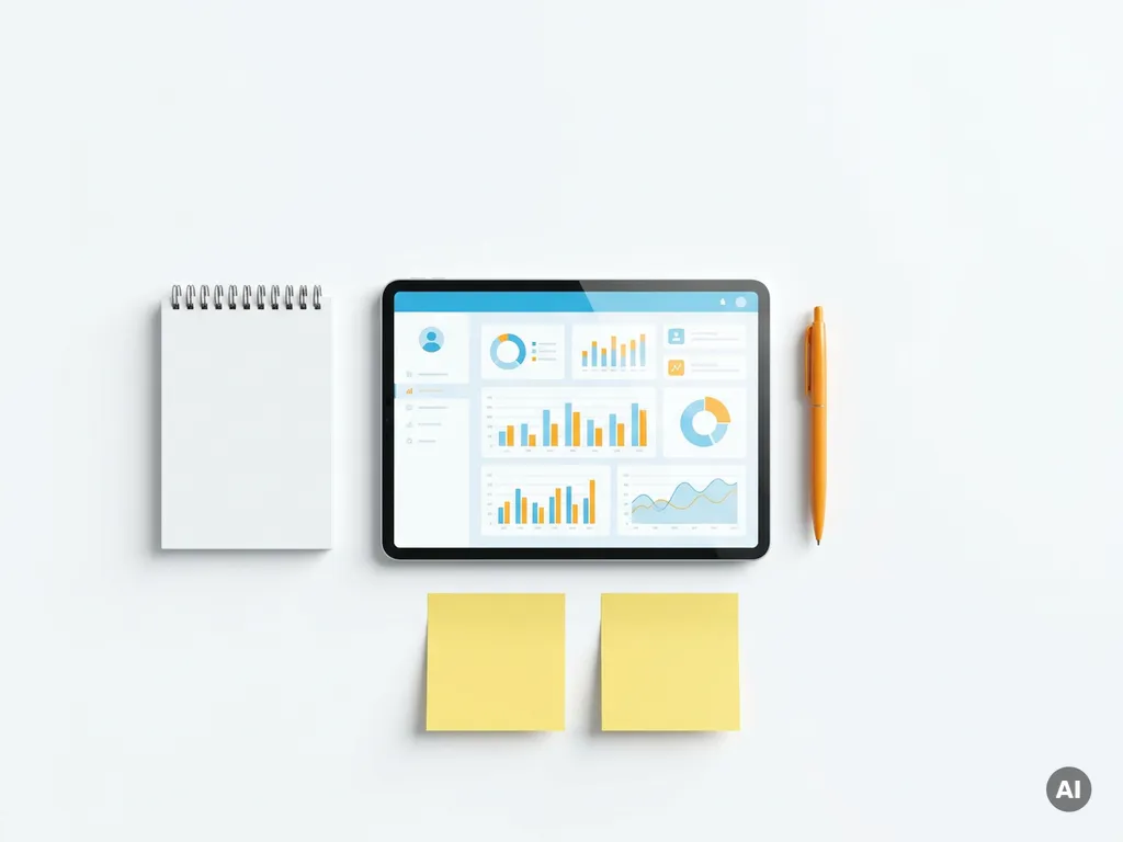 Tablet met kleurrijk klantrelatie-dashboard in blauw en oranje, omringd door notitieblok, pen en gele sticky notes op wit oppervlak.